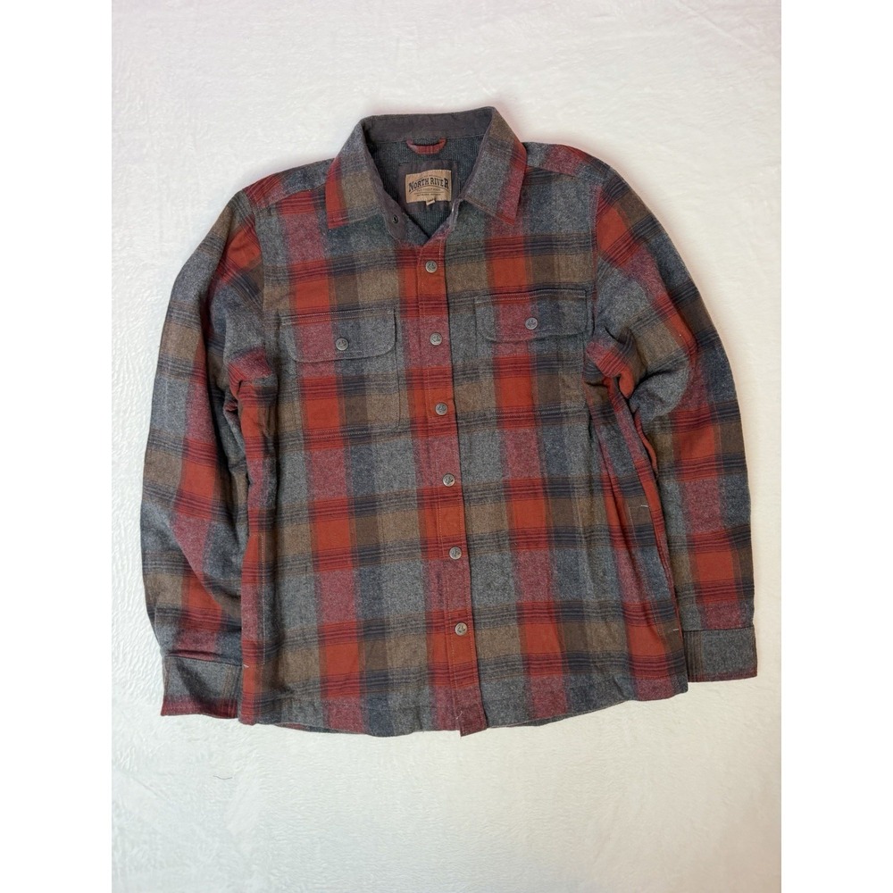 North River Plaid Flannel Shirt Jacket Mens Medium Red Gray Lined Workwear